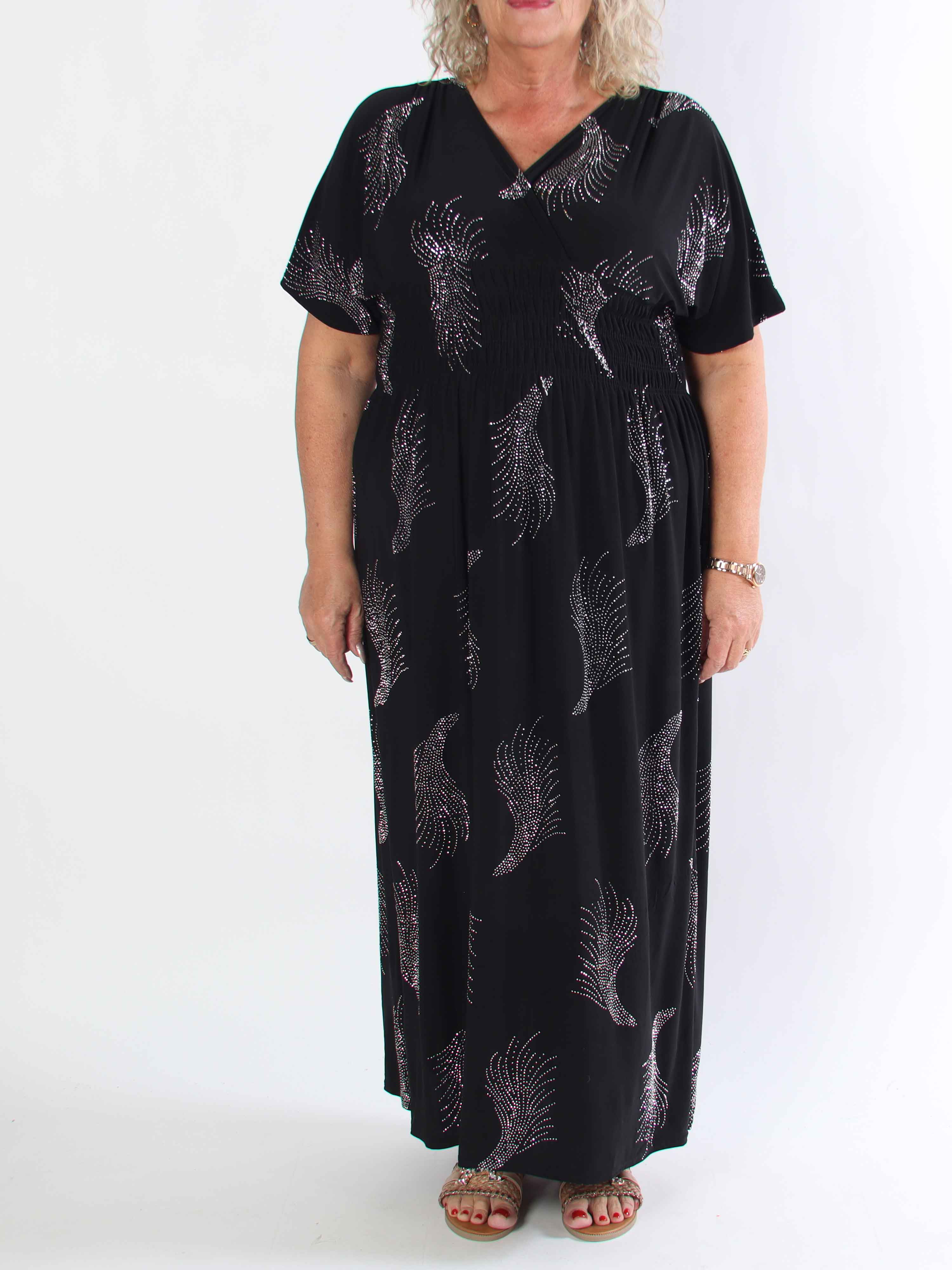 Pams Leaf Crystal - Lang elastisk plus size kjole med mønster af similisten